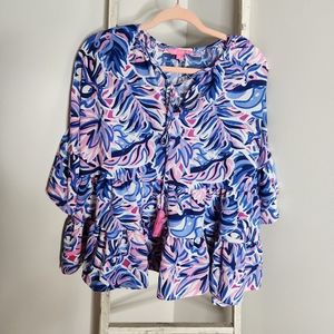 Simply Southern top womens Medium Leaf Gather peplum bell sleeve pink white blue